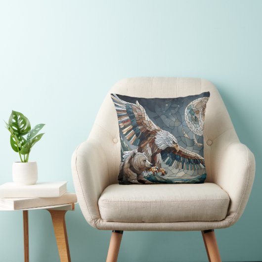 モザイクアイアート | Brown Bear and an Eagle Full Moon クッション (椅子)