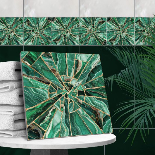 モザイクアート – 緑の大理石マラカイトと金ゴールド タイル