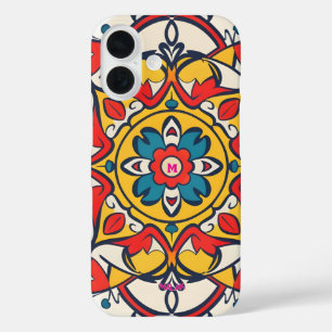 モザイクイエローレッド、マンダラパターン iPhone 16ケース