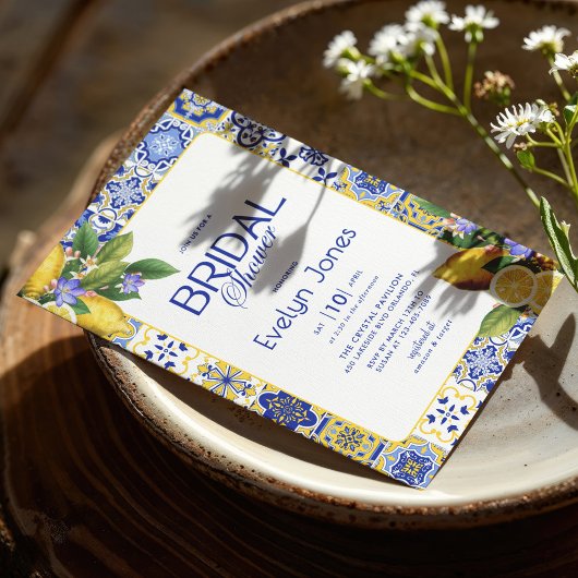 モザイクイタリアンブルータイルレモンズシックブライダルシャワー 招待状