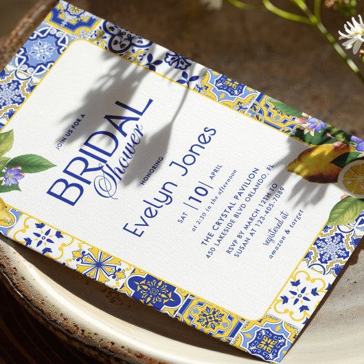 モザイクイタリアンブルータイルレモンズシックブライダルシャワー 招待状