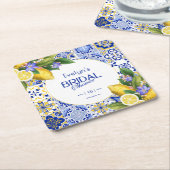 モザイクイタリアンブルータイルレモンブライダルシャワー スクエアペーパーコースター (アングル)