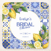 モザイクイタリアンブルータイルレモンブライダルシャワー スクエアペーパーコースター (正面)