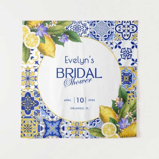 モザイクイタリアンブルータイルレモンブライダルシャワー タペストリー (正面)