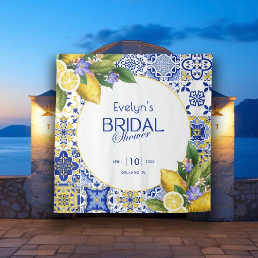 モザイクイタリアンブルータイルレモンブライダルシャワー タペストリー