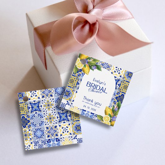 モザイクイタリアンブルータイルレモンブライダルシャワー フェイバータグ