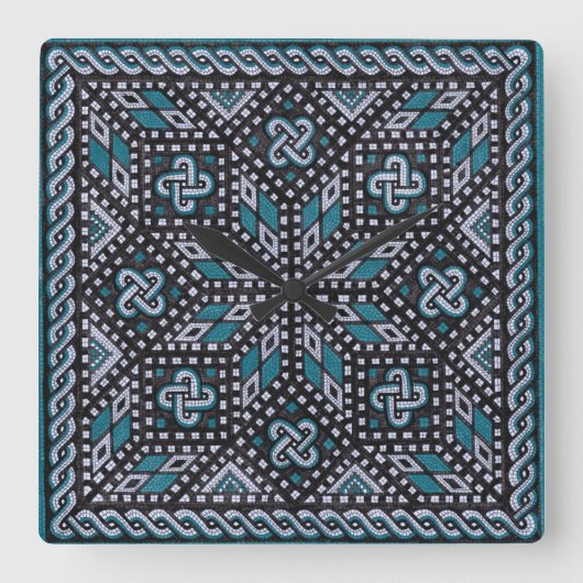 モザイクイラストレーションブラックグレーとマティスブルー スクエア壁時計 (正面)