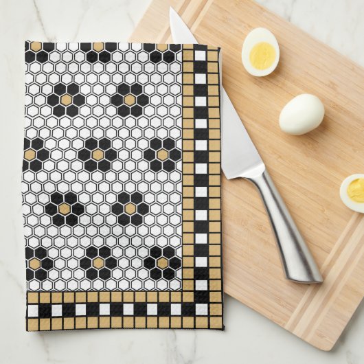 モザイクインスパイア白黒と金ゴールド キッチンタオル (四つ折り)