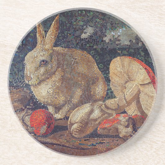 モザイクウサギとキノコ自然ヴィンテージ コースター (正面)