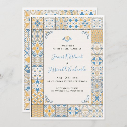 モザイクエレガントタイル図解入りの、写真付きの結婚式招待状 招待状 (正面/裏面)