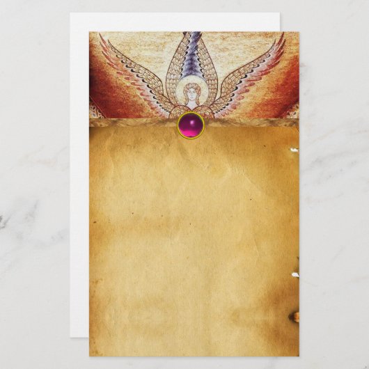 モザイクエンジェルブラウンパーチメントピンク明るい赤紫色アメジスト 便箋 (正面/裏面)