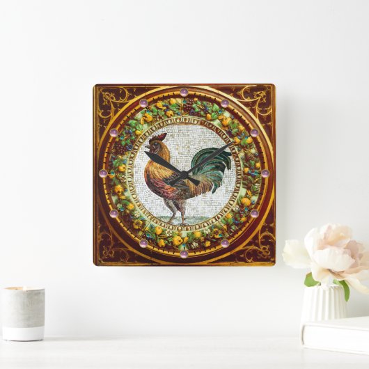 モザイクオンドリ、フルーツが付いている旧式な花の王冠 スクエア壁時計 (ホーム)