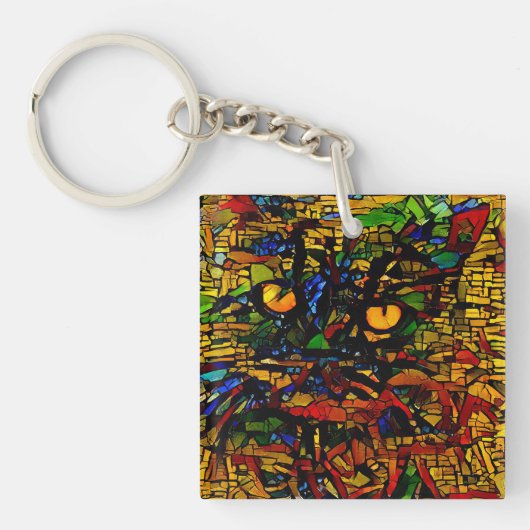 モザイクカラフルキャットアートプリン キーホルダー (正面)