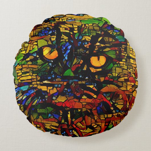 モザイクカラフルキャットアートプリン ラウンドクッション (正面)