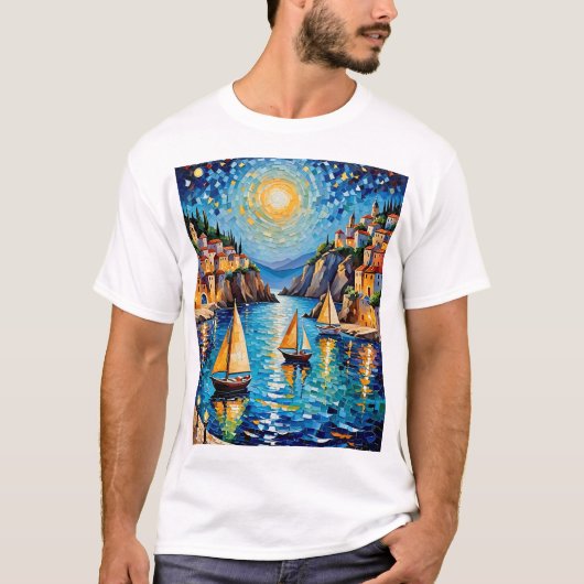 モザイクカラフルセーリング地中海のサンセットティー Tシャツ (正面)