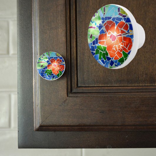 モザイクカラフルタイルコイ池赤い花 セラミックノブ