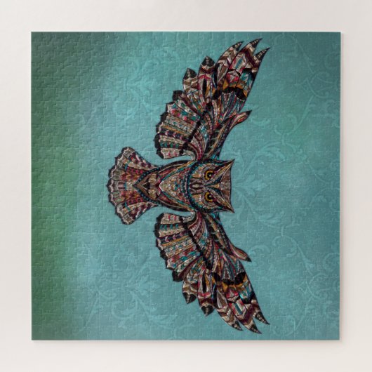 モザイクカラフルフクロウ(ターコイズの背景) ジグソーパズル (横)