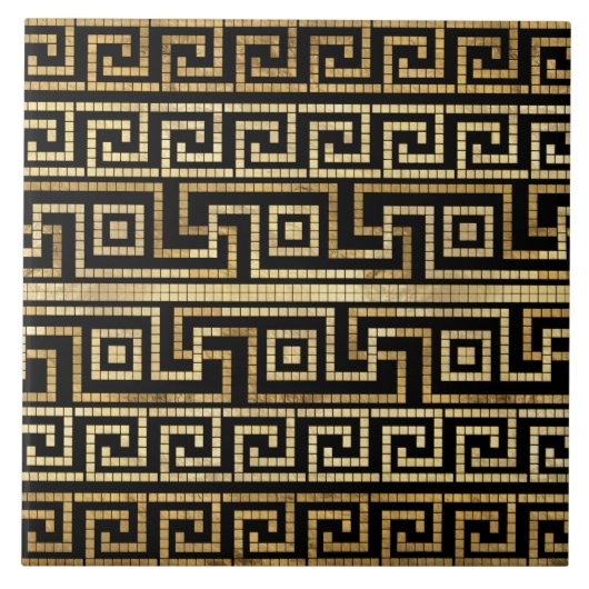 モザイクギリシャ蛇行ギリシャ鍵ブラックと金ゴールド タイル (正面)