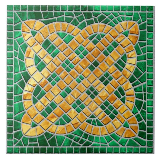 モザイクケルト結び目模様 – 緑の大理石と金ゴールド タイル (正面)