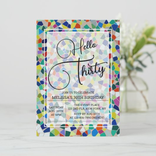 モザイクスタイリッシュカラフルハロー30歳の誕生日 招待状 (スタンド正面)