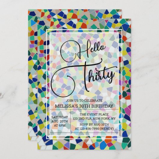 モザイクスタイリッシュカラフルハロー30歳の誕生日 招待状 (正面/裏面)