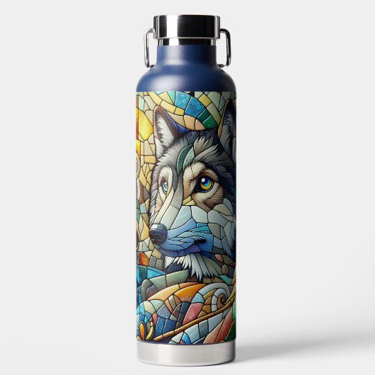 モザイクタイルのオオカミとフクロウ ウォーターボトル (正面)