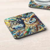 モザイクタイルのオオカミとフクロウ コースター (左側)