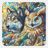 モザイクタイルのオオカミとフクロウ スクエアシール (正面)