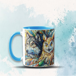モザイクタイルのオオカミとフクロウ マグカップ