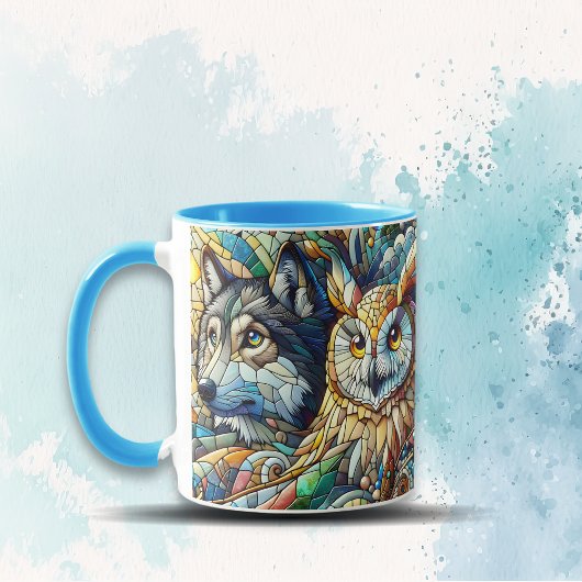 モザイクタイルのオオカミとフクロウ マグカップ