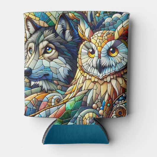 モザイクタイルのオオカミとフクロウ 缶クーラー (正面)