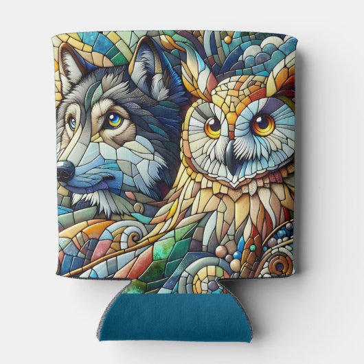 モザイクタイルのオオカミとフクロウ 缶クーラー (裏面)