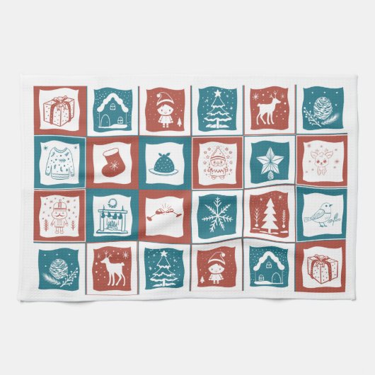 モザイクタイルの出現クリスマスグリーンレッドパターン キッチンタオル (横)