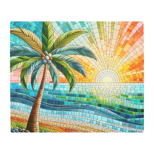 モザイクトロピカルビーチサンセットパームツリーメタルアート メタルプリント (正面)