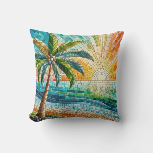 モザイクトロピカルビーチサンセットパームツリー クッション (正面)