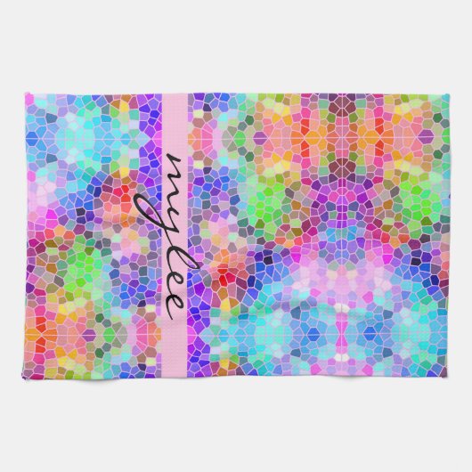 モザイクファンキーなカラフルな虹ピンクの青の抽象芸術 キッチンタオル (横)