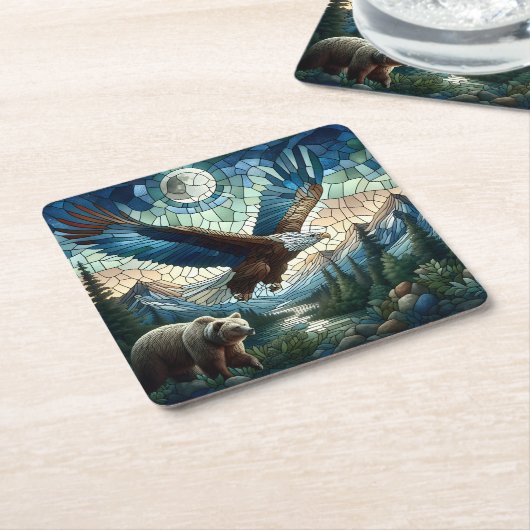 モザイクベアとイーグル スクエアペーパーコースター (アングル)