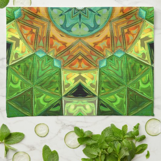 モザイクマンダラオレンジと緑 キッチンタオル (折り畳み)