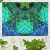 モザイクマンダラグリーンとブルー キッチンタオル (折り畳み)