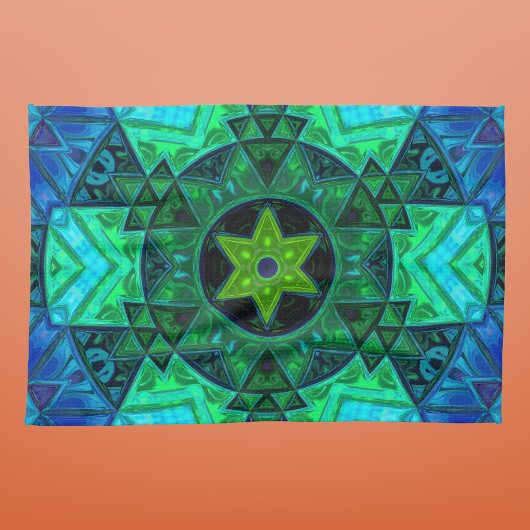 モザイクマンダラグリーンとブルー キッチンタオル