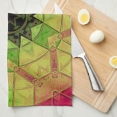 モザイクマンダラフラワーイエローグリーンとピンク キッチンタオル (四つ折り)