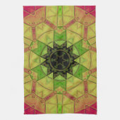 モザイクマンダラフラワーイエローグリーンとピンク キッチンタオル (縦)