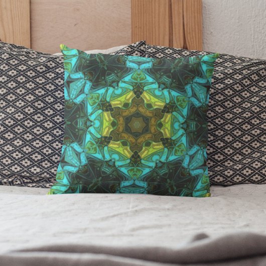 モザイクマンダラフラワーイエローグリーンとブルー クッション