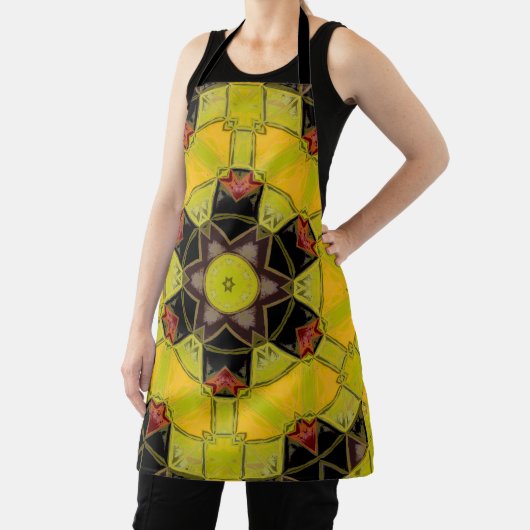 モザイクマンダラフラワーイエローグリーンレッドとブラック エプロン (インサイチュ)