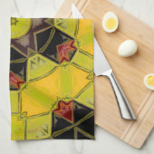 モザイクマンダラフラワーイエローグリーンレッドとブラック キッチンタオル (四つ折り)