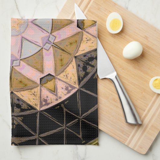 モザイクマンダラフラワーイエローブルーとブラック キッチンタオル (四つ折り)