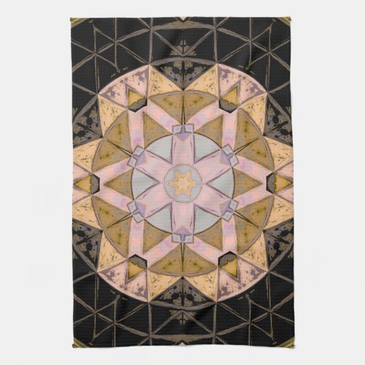 モザイクマンダラフラワーイエローブルーとブラック キッチンタオル (縦)