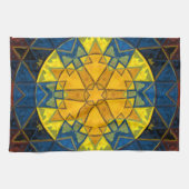 モザイクマンダラフラワーイエローブルーとレッド キッチンタオル (横)