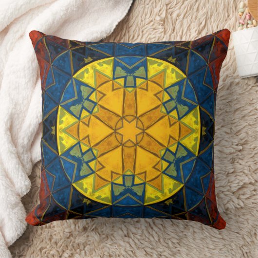 モザイクマンダラフラワーイエローブルーとレッド クッション (ブランケット)