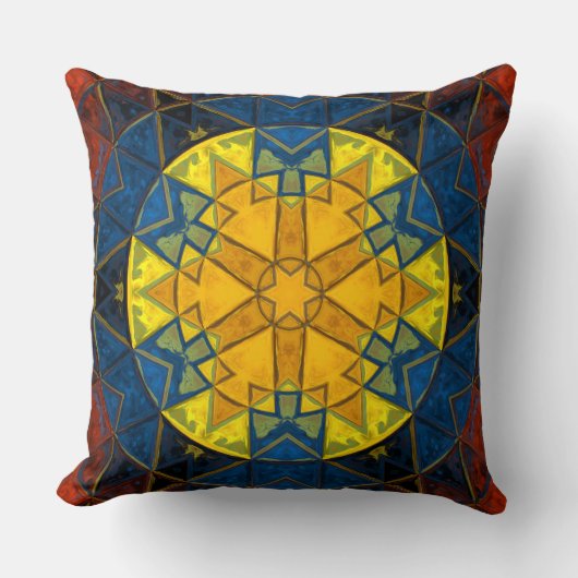 モザイクマンダラフラワーイエローブルーとレッド クッション (正面)